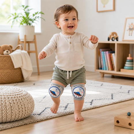 Baby Crawling Knee Pads – Soft Mesh Anti-Slip Cushioned Protectors – Breathable Cotton-Blend – Mixed Cartoon Blue