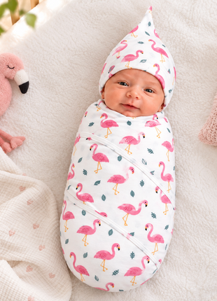 Luxury Cotton Baby Swaddle Wrap with Cap, Velcro Closure, Assorted Patterns