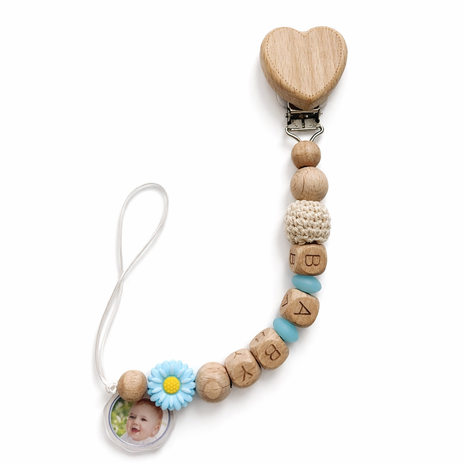 Wooden Baby Pacifier Clip 28cm with Silicone Daisy Beads – Heart Clasp – Pastel Teether Chain