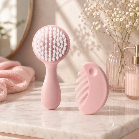 Baby Hair Brush & Comb Set –Soft Imitation Wool Bristles – Cradle Cap Scalp Massager