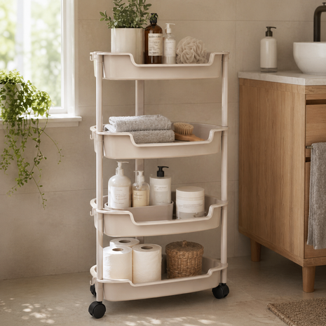 4 Tier Plastic Storage Rack with Wheels – ABS Corner Organizer Shelf with Deep Trays