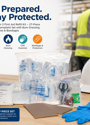 Regulation 3 First Aid Refill Kit – 27-Piece Factory Compliant Set with Burn Dressing, CPR, Gloves & Bandages
