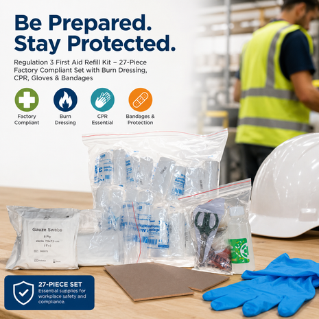 Regulation 3 First Aid Refill Kit – 27-Piece Factory Compliant Set with Burn Dressing, CPR, Gloves & Bandages