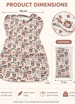 Baby Swaddle Sleep Sack with Twin Zip Closure, Functional Newborn Wrap Blanket, bear hello Print