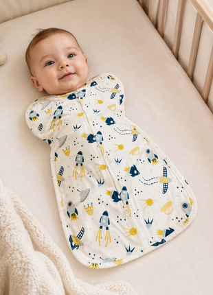 Baby Swaddle Sleep Sack with Twin Zip Closure, Functional Newborn Wrap Blanket, space/rocket Print