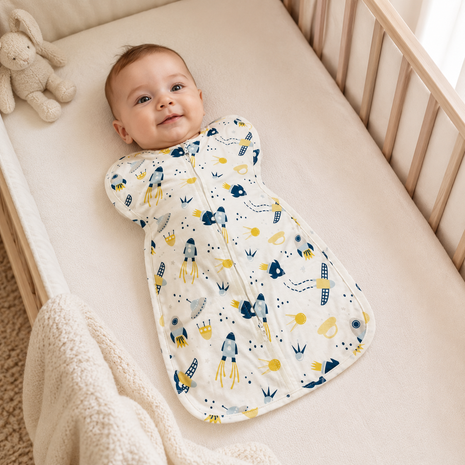 Baby Swaddle Sleep Sack with Twin Zip Closure, Functional Newborn Wrap Blanket, space/rocket Print