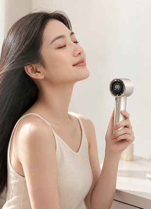 Handheld Fan 3-Speed Portable with Digital Display, Vortex Airflow, USB-C Rechargeable, Champagne