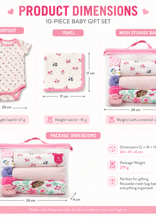 10-Piece Baby Gift Set for Girls – 4 Cotton Short Sleeve Bodysuits & 6 Cotton Towels,  6 Months