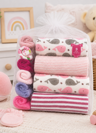 10 Piece Baby Gift Set 4 Cotton Short Sleeve Bodysuits 6 Cotton Towels with Mesh Storage Bag Pink 9 Months