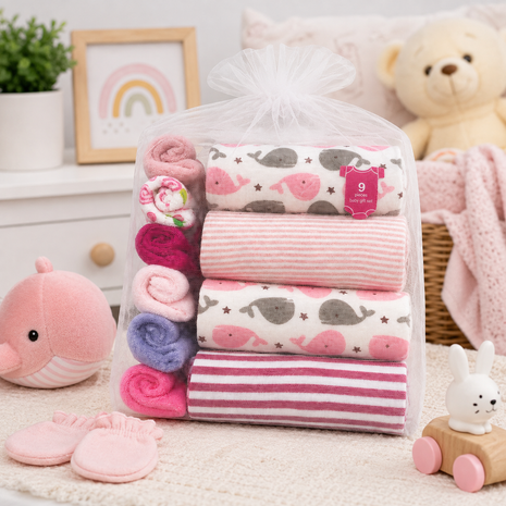 10 Piece Baby Gift Set 4 Cotton Short Sleeve Bodysuits 6 Cotton Towels with Mesh Storage Bag Pink 9 Months