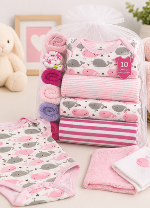 10 Piece Baby Gift Set 4 Cotton Short Sleeve Bodysuits 6 Cotton Towels with Mesh Storage Bag Pink 9 Months