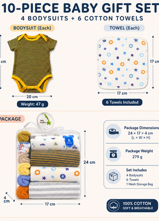 10 Piece Baby Gift Set 4 Cotton Short Sleeve Bodysuits 6 Cotton Towels with Mesh Storage Bag Pink 9 Months