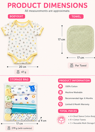 10-Piece Baby Gift Set for Girls – 4 Cotton Short Sleeve Bodysuits & 6 Cotton Towels,  6 Months
