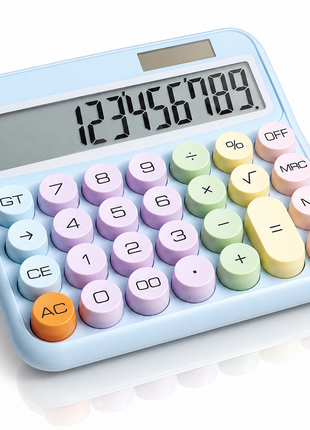 12-Digit Calculator with Pastel Typewriter Keys - ABS Plastic, AA Battery, Blue