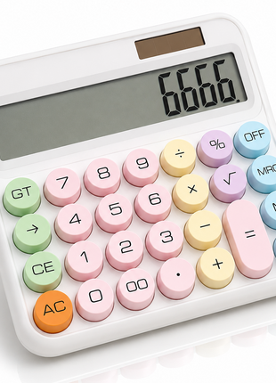 12-Digit Calculator with Pastel Typewriter Keys - ABS Plastic, AA Battery, White