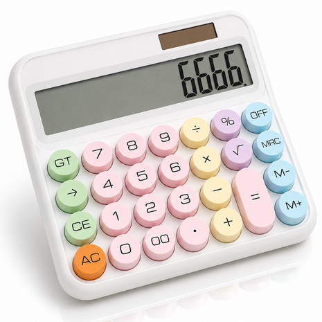 12-Digit Calculator with Pastel Typewriter Keys - ABS Plastic, AA Battery, White