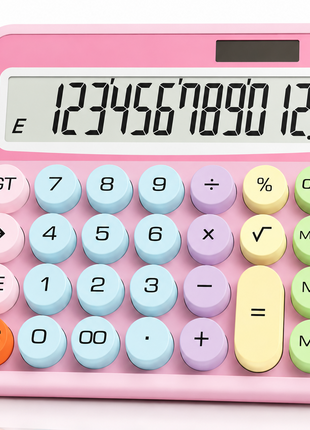12-Digit Calculator with Pastel Typewriter Keys - ABS Plastic, AA Battery, Pink
