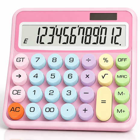 12-Digit Calculator with Pastel Typewriter Keys - ABS Plastic, AA Battery, Pink