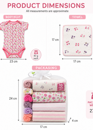 10 Piece Baby Gift Set 4 Cotton Short Sleeve Bodysuits 6 Cotton Towels with Mesh Storage Bag Pink 12 Months