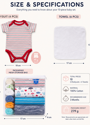 10-Piece Baby Gift Set 3 Months – 4 Cotton Short Sleeve Bodysuits & 6 Cotton Towels with Mesh Storage Bag