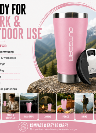 OutGear 600ml Double Wall Insulated Stainless Steel Thermos Cup with Built-In Bottle Opener, Matte Finish Pink
