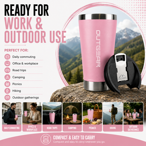 OutGear 600ml Double Wall Insulated Stainless Steel Thermos Cup with Built-In Bottle Opener, Matte Finish Pink