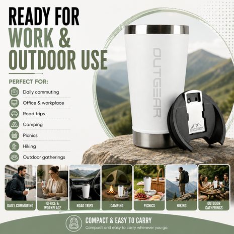 OutGear 600ml Double Wall Insulated Stainless Steel Thermos Cup with Built-In Bottle Opener, Matte Finish