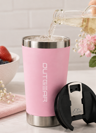 OutGear 600ml Double Wall Insulated Stainless Steel Thermos Cup with Built-In Bottle Opener, Matte Finish Pink
