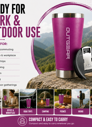 OutGear 600ml Double Wall Insulated Stainless Steel Thermos Cup with Built-In Bottle Opener, Matte Finish Purple