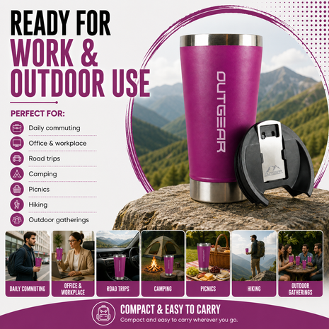 OutGear 600ml Double Wall Insulated Stainless Steel Thermos Cup with Built-In Bottle Opener, Matte Finish Purple