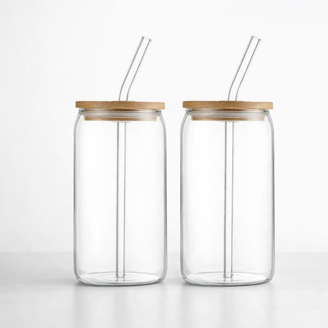 Glass Drinking Cup 500ml Borosilicate with Leakproof Bamboo Lid and Reusable Glass Straw