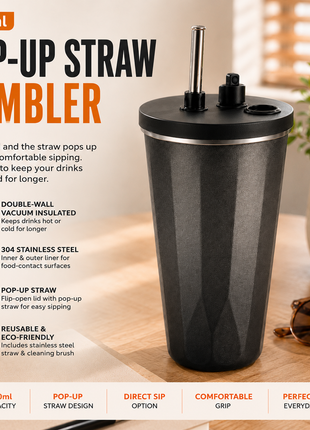 600ml Vacuum Insulated Stainless Steel Tumbler Cup with Lid & Reusable Straw-Black