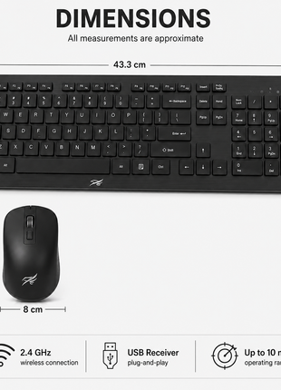 2.4 GHz Wireless Keyboard and Mouse Combo, Full-Size Keyboard, 10 m Range, USB Receiver, Plug-and-Play, Black ABS Mouse