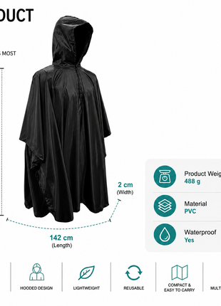 Hooded Cape Raincoat Waterproof Reusable Black Poncho Lightweight Outdoor Rain Protection for Hiking Camping Travel Commuting