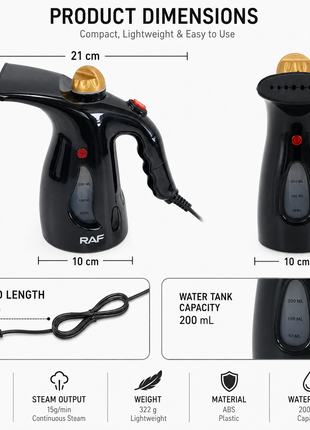 Handheld Black Garment Steamer with 200mL Water Tank, Continuous Steam, Steam Flow, 1.8m Cord, ABS Plastic (Copy)