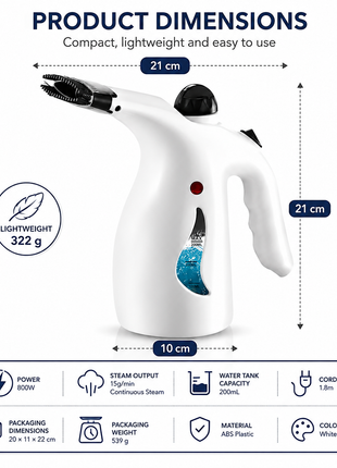 Handheld White Garment Steamer with 200mL Water Tank, Continuous Steam, Steam Flow, 1.8m Cord, ABS Plastic (Copy) (Copy)