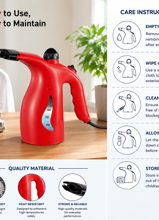 Handheld Red Garment Steamer with 200mL Water Tank, Continuous Steam, Steam Flow, 1.8m Cord, ABS Plastic (Copy) (Copy) (Copy)