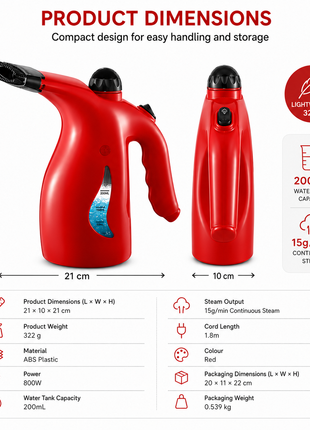 Handheld Red Garment Steamer with 200mL Water Tank, Continuous Steam, Steam Flow, 1.8m Cord, ABS Plastic (Copy) (Copy) (Copy)