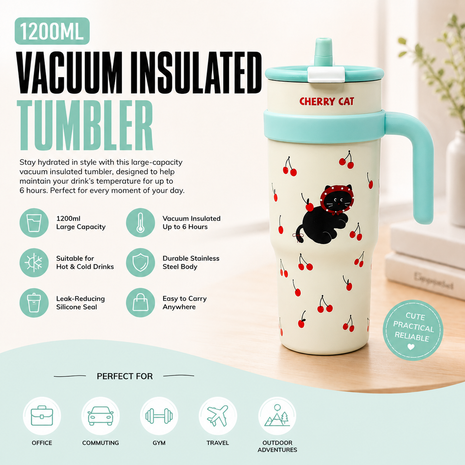 1200ml Vacuum Insulated Stainless Steel Tumbler with Handle & Straw Lid – 6 Hour Temperature Retention Teal
