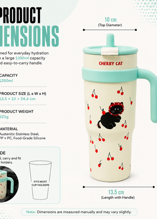 1200ml Vacuum Insulated Stainless Steel Tumbler with Handle & Straw Lid – 6 Hour Temperature Retention Teal