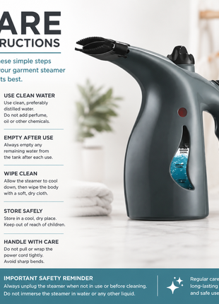 Handheld Grey Garment Steamer with 200mL Water Tank, Continuous Steam, Steam Flow, 1.8m Cord, ABS Plastic