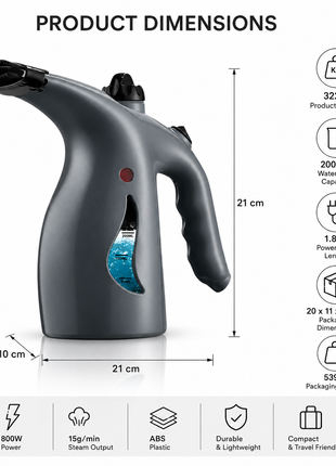 Handheld Grey Garment Steamer with 200mL Water Tank, Continuous Steam, Steam Flow, 1.8m Cord, ABS Plastic