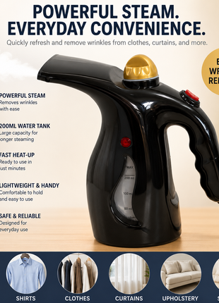 Handheld Black Garment Steamer with 200mL Water Tank, Continuous Steam, Steam Flow, 1.8m Cord, ABS Plastic (Copy)