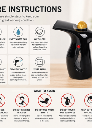 Handheld Black Garment Steamer with 200mL Water Tank, Continuous Steam, Steam Flow, 1.8m Cord, ABS Plastic (Copy)