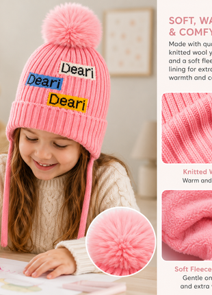 Kids Wool Winter Beanie with Fur Lining for Ages 3–10 Years