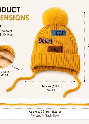 Kids Wool Winter Beanie with Fur Lining for Ages 3–10 Years