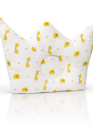 Baby Crown Shaped Infant Support Pillow with Yellow Giraffe & Elephant Print Soft Cushion White
