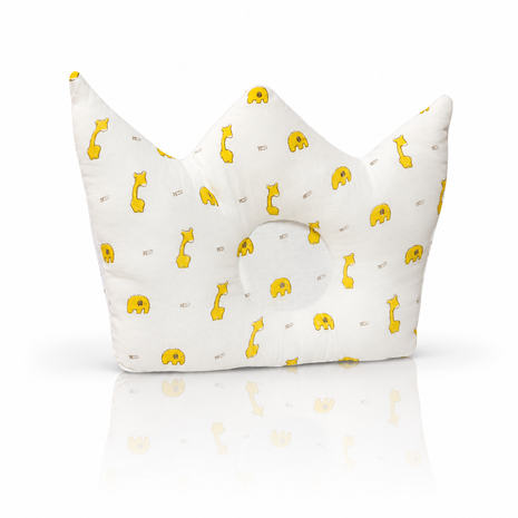 Baby Crown Shaped Infant Support Pillow with Yellow Giraffe & Elephant Print Soft Cushion White