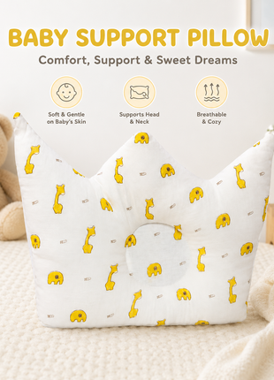 Baby Crown Shaped Infant Support Pillow with Yellow Giraffe & Elephant Print Soft Cushion White