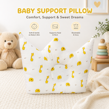 Baby Crown Shaped Infant Support Pillow with Yellow Giraffe & Elephant Print Soft Cushion White
